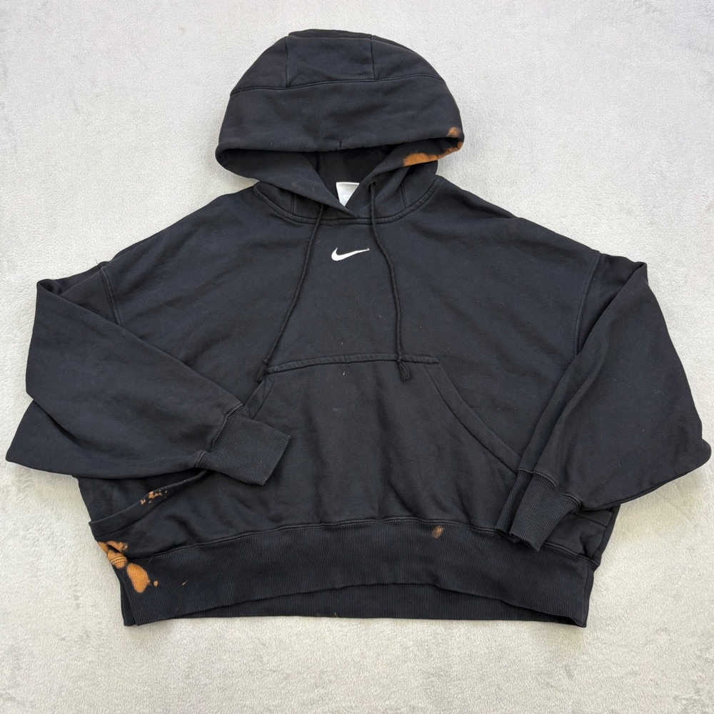 Nike Hoodie Womens Medium Black Oversized Center Swoosh Cropped Bleach Grunge